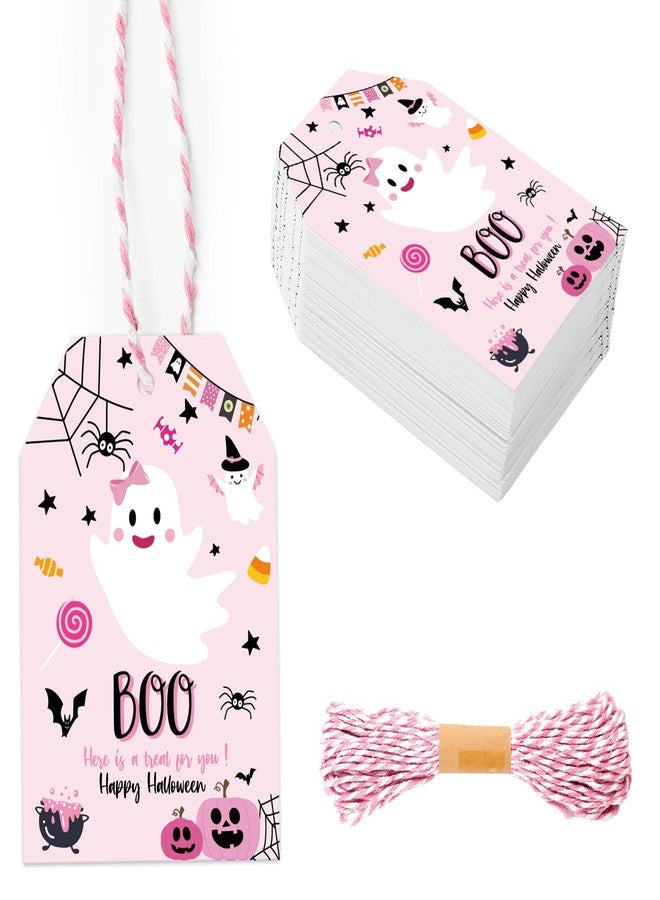 وولاين مجموعة هدايا ورقية من والين، ١٠٠ قطعة، بتصميم هالوين، لون وردي، على شكل شبح يقطينة، مع حبل، بطاقات تعريفية مخيفة لتزيين حفلات الهالوين. - Image 1